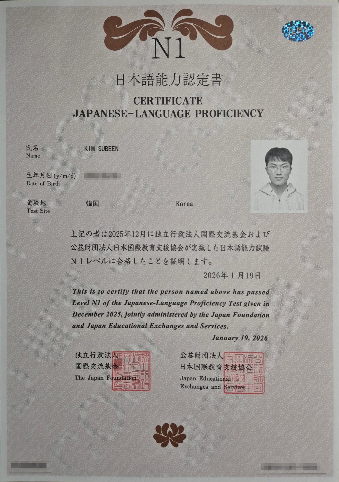 JLPT N1 の合格証