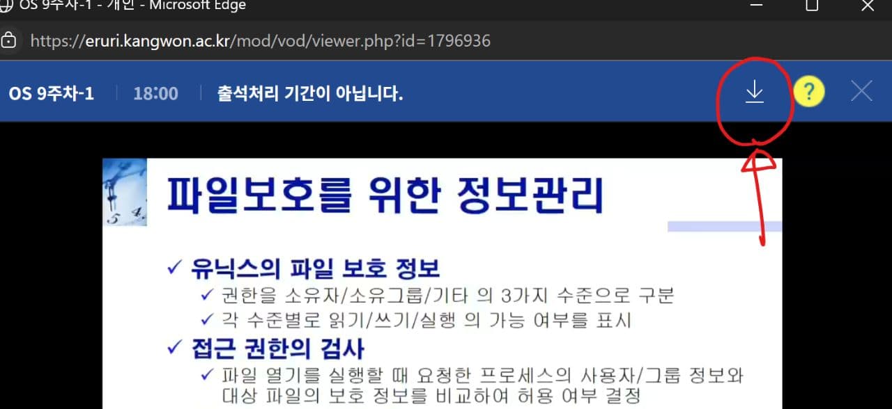 学校の講義サイトの動画ビューア。エクステンションが上部バーの右側に付けたダウンロードボタンに、赤い丸を付けてある