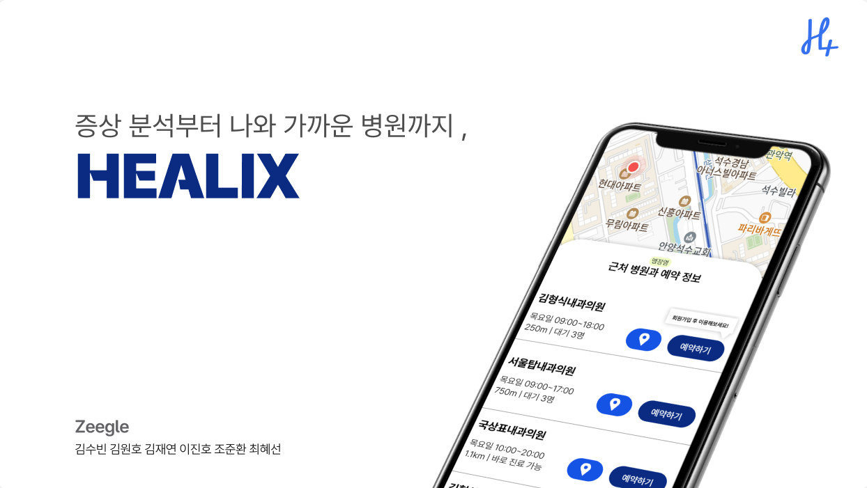 HEALIX の発表資料の表紙。「症状の分析から近くの病院まで」という文言の横に、近くの病院と予約情報を表示したスマートフォンが置かれている